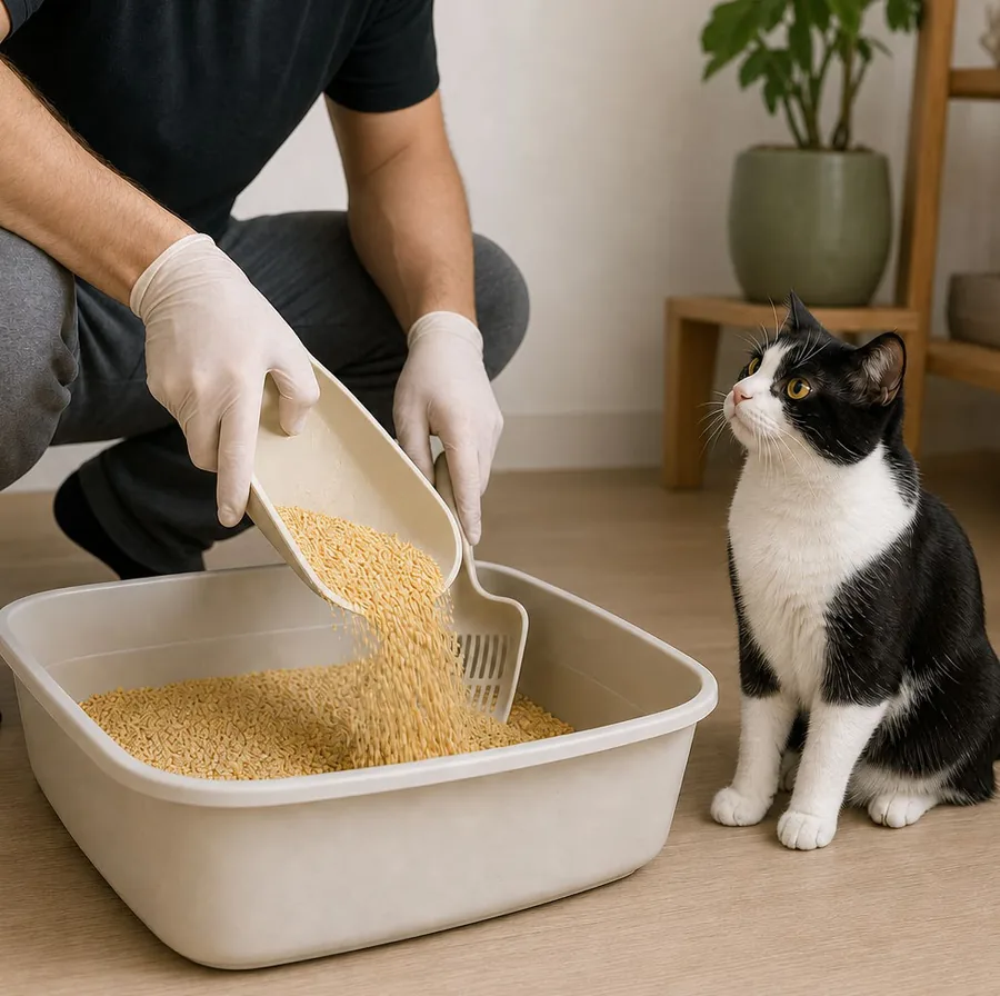 Tutora enchendo a caixa de areia ao lado de um gato preto e branco
