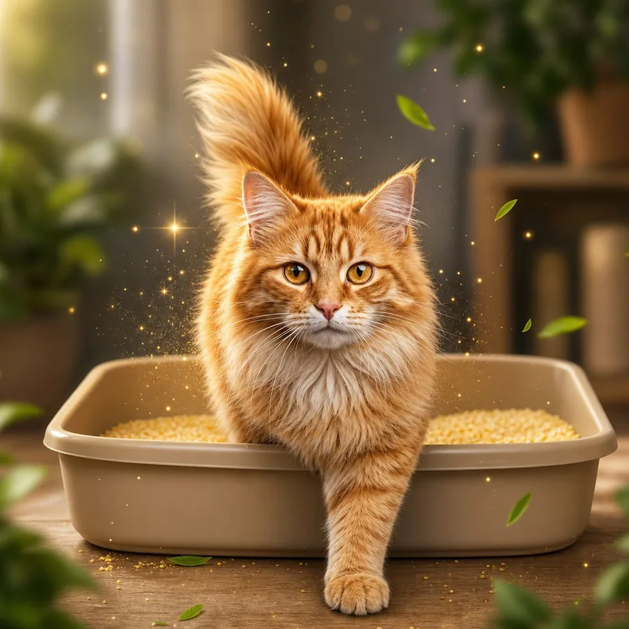 Gato laranja saindo da caixa de areia com granulado de milho