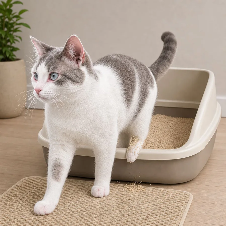 Gato cinza e branco ao lado da caixa de areia com granulado de tofu