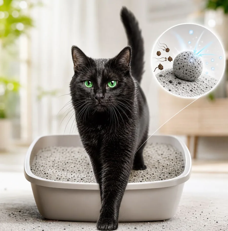 Gato preto ao lado da caixa com bentonita carbon