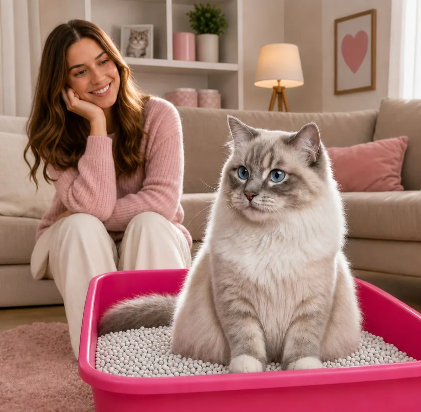 Tutora sorrindo ao lado do gato e da caixa de areia rosa