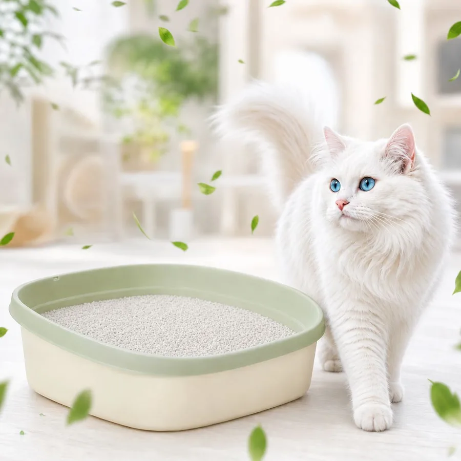 Gato branco ao lado da caixa de areia com diatomita