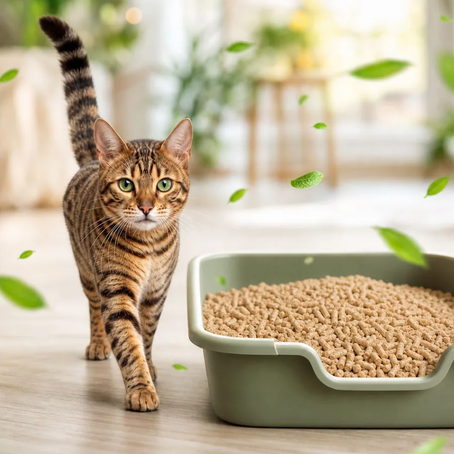 Gato tigrado caminhando ao lado da caixa com pellets de madeira